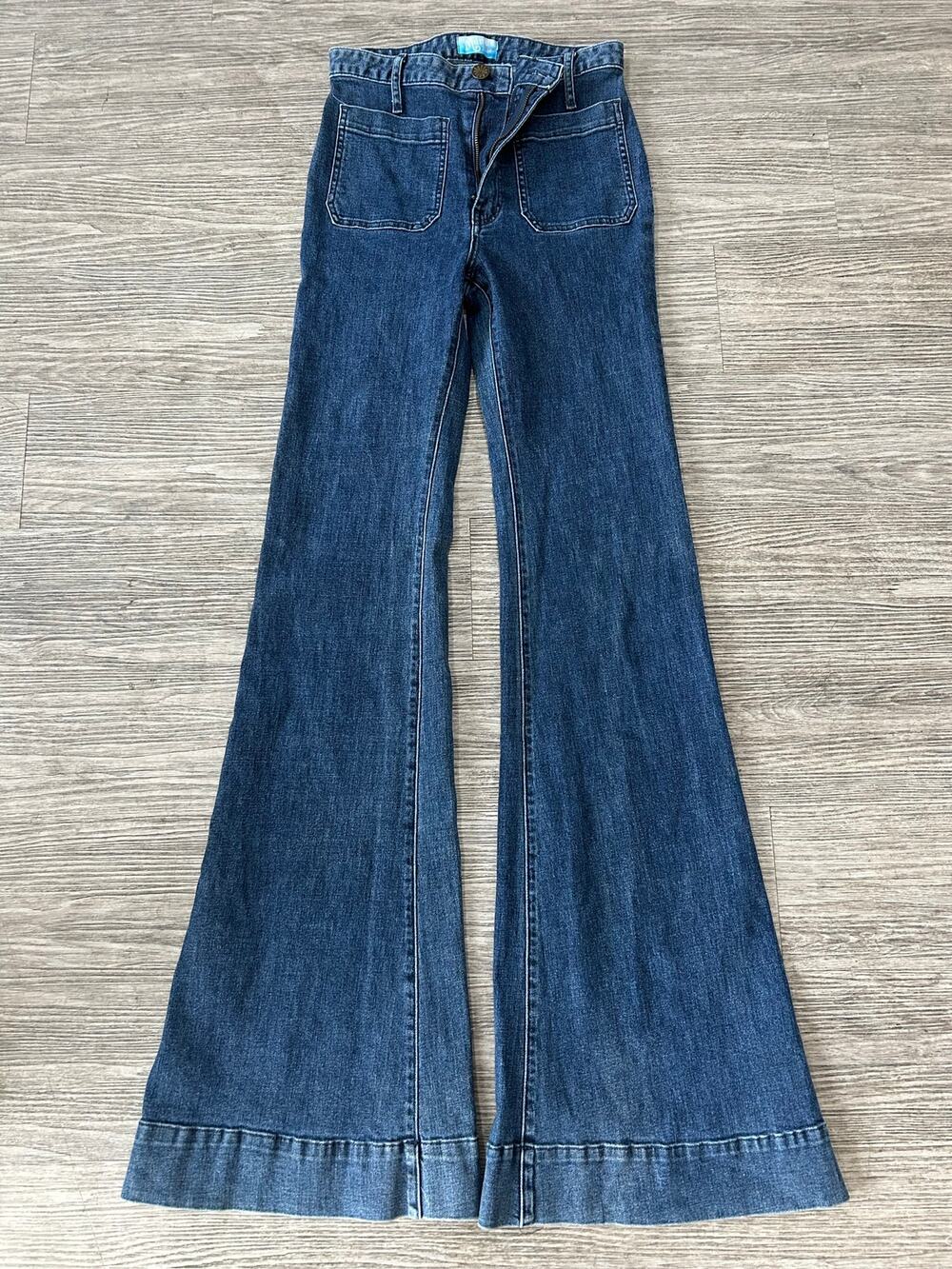 Show Me Your Mumu Blue Flare Jeans Size 27 High Rise Patch Pockets Bell Bottoms